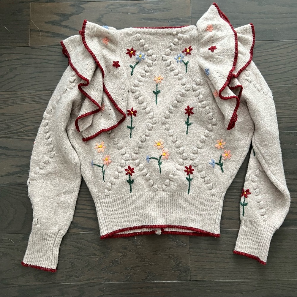 Zara embroidered floral ruffle cardigan sweater M - Picture 4 of 6